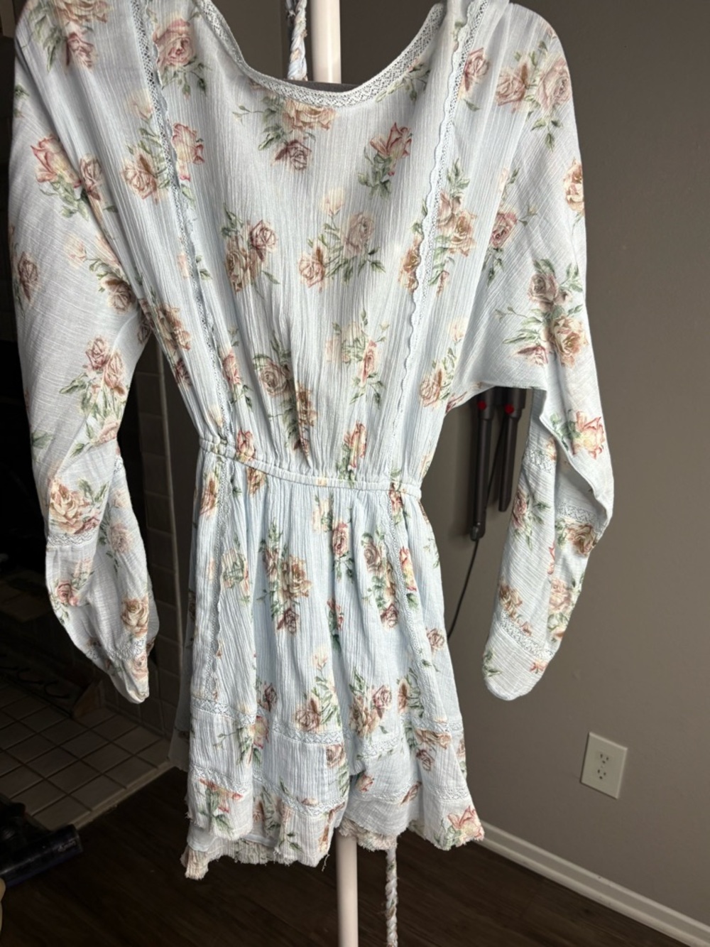 LoveShackFancy Pale Blue Floral Tie-Waist Dress